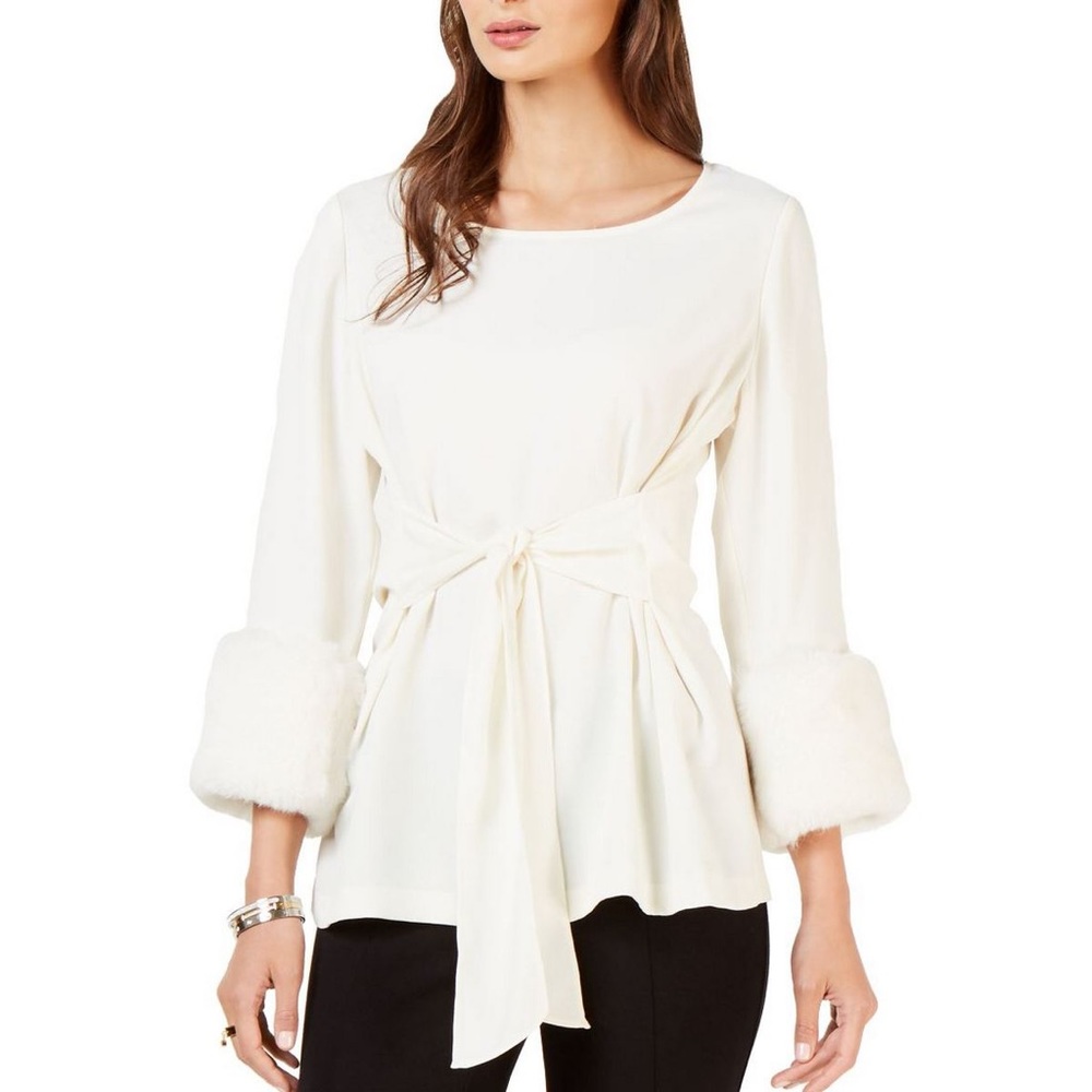 Alfani Faux Fur Cuff Waist Tie Blouse